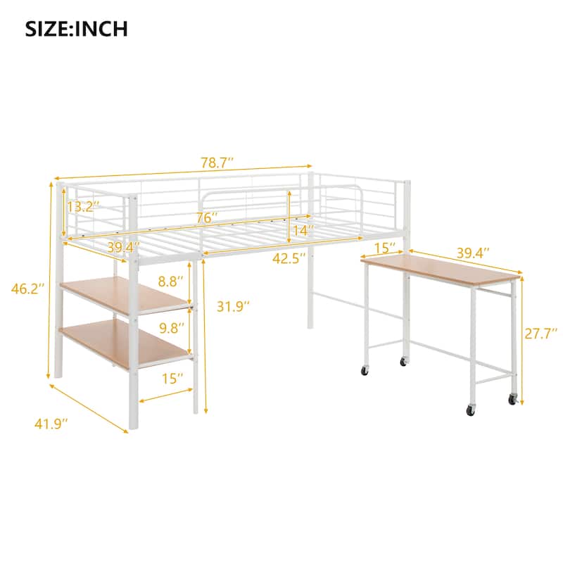 Twin Size Metal Loft Bed with Desk and Shelves