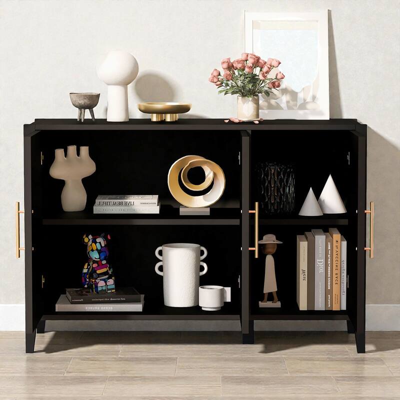 48'' Three-Door Modern Storage Cabinet with Vertical Pattern and Metal Handles, MDF Sideboard for Entryway