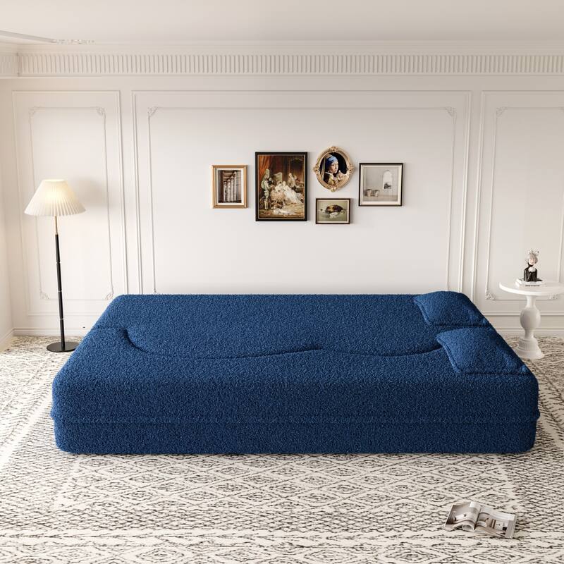 Modern Convertible Teddy Fabric Foam-Filled Sleeper Sofa Bed with 2 Pillows