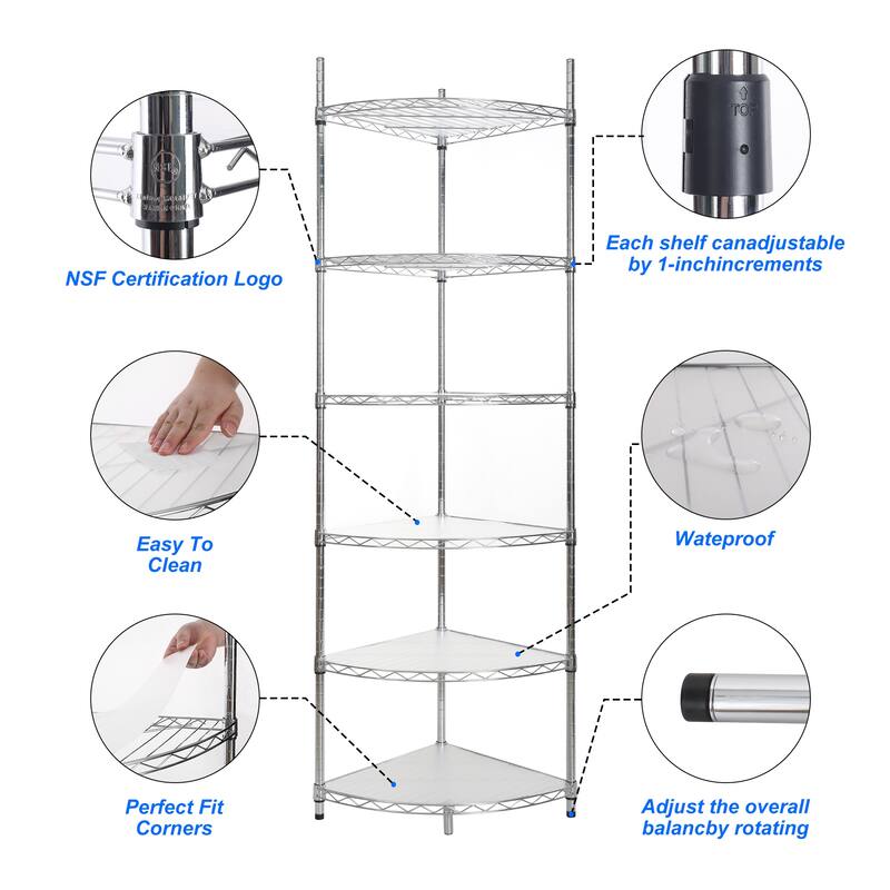 6 Tier Adjustable Metal Heavy Duty Free Standing Corner Storage Display Chrome Rack ﻿