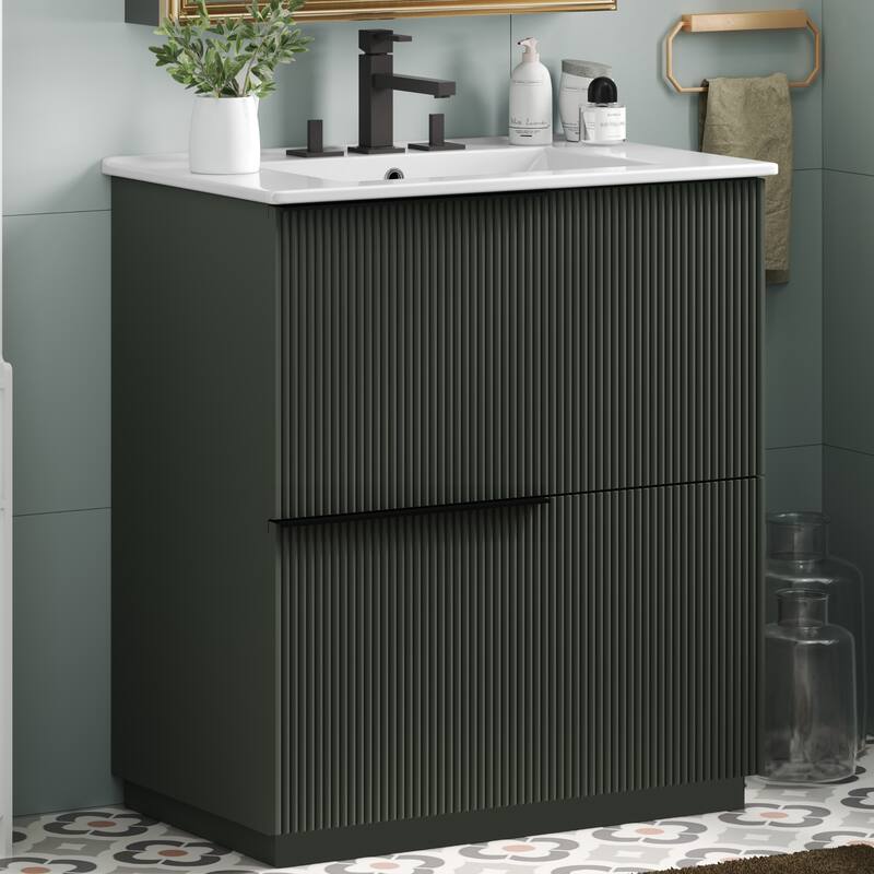 30" Bathroom Vanity with Ceramic Sink and Full-Extension Drawers, Soft Close Undermount Drawer Slides, Fluted Design, Natural - Green