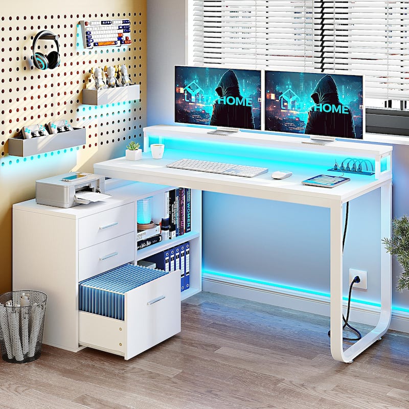 55 Inch L-shaped Gaming Desk with Power Outlets and LED Lights Computer Corner Desk with File Cabinet Monitor Stand