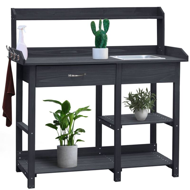 VEIKOUS Outdoor Wood Garden Multi - Functional Potting & Planting Workbench with Shelves