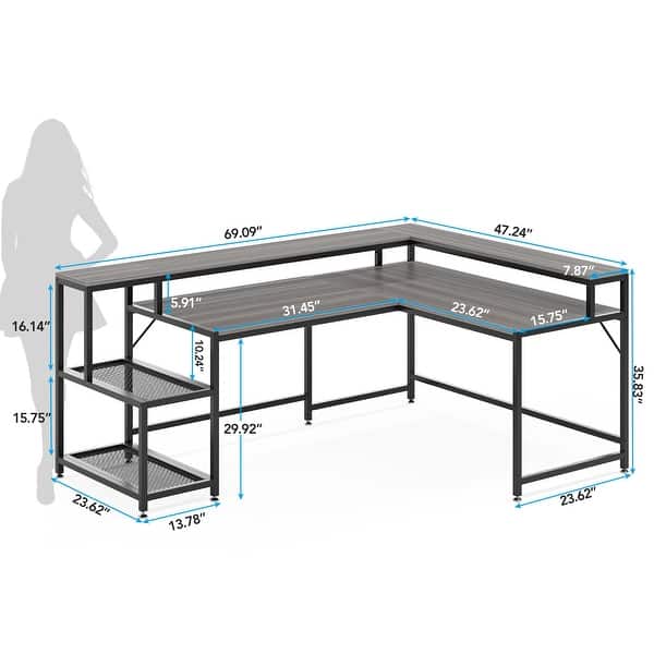 dimension image slide 0 of 4, L Shaped Desk with Monitor Shelf, Reversible Corner Computer Desk for Office Home 69"