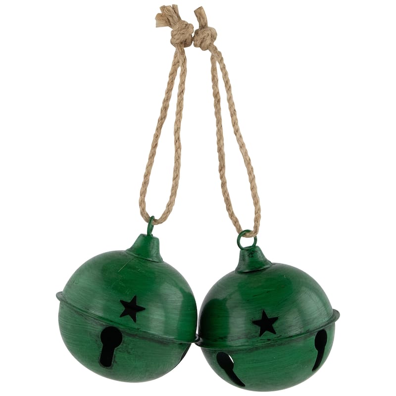 Antiqued Christmas Jingle Bells Ornaments - 3" - Green - Set of 2 - 7"