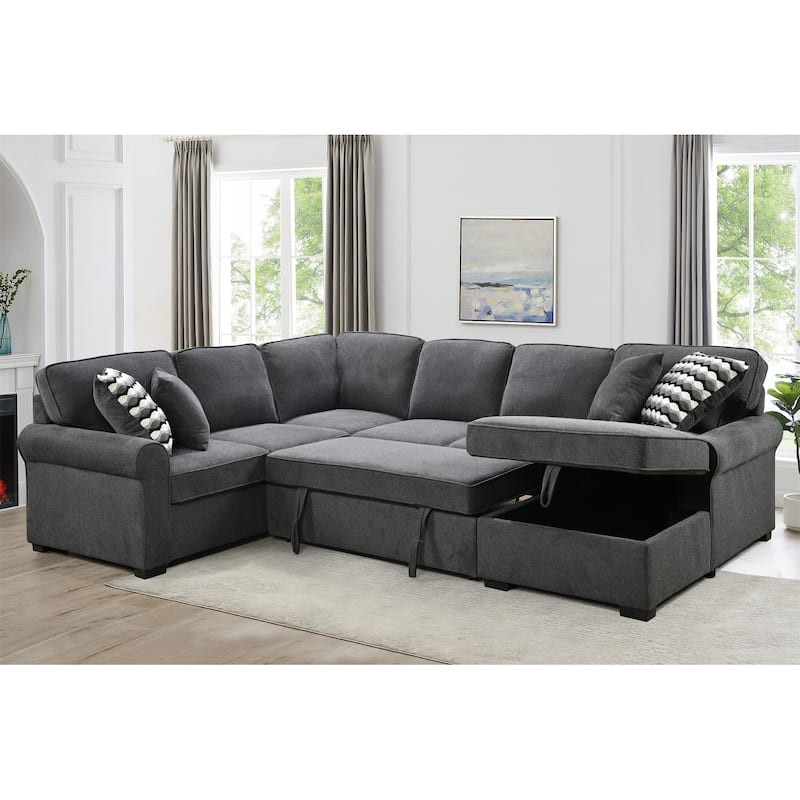 Removable Cushions Sectional Sofa with Storage Chaise and 4 Pillows