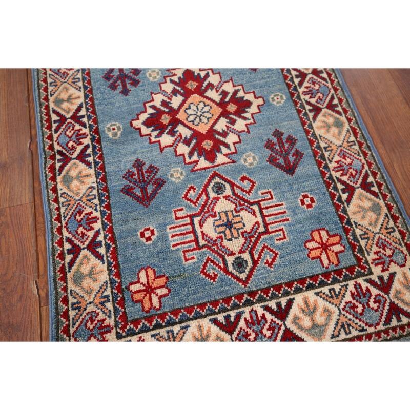 Hand Knotted Oriental 100% Wool Carpet Traditional Geometric Navy Blue & Blues Kazak Area Rug - 3' 0'' X 1' 11''