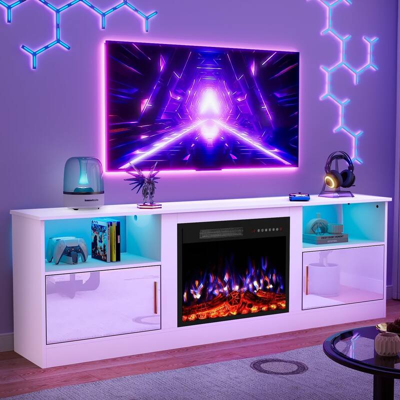 BOSSIN 70-inch TV Stand with 23" Electric Fireplace, Modern High-Gloss Entertainment Center for TVs up to 80" for Living Room - White
