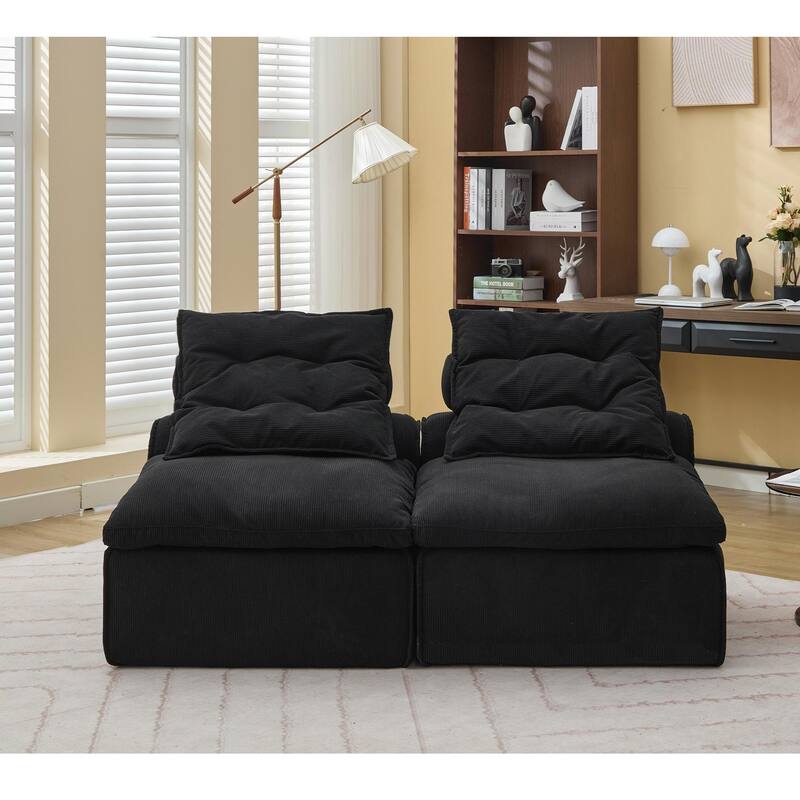 Corduroy Modular Sofa with Lumbar Pillow, 2 Seater Armless Upholstered Sofa Chair, Lounge Couch Chair for Small Spaces