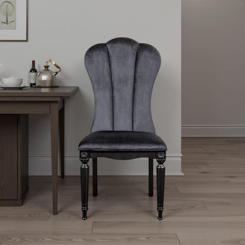 Hixe Side Dining Chair Set of 2, Scalloped, Turned Fluted Wood Legs, Black