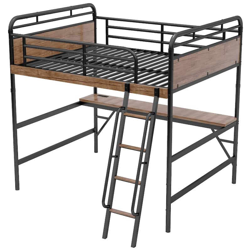 Full Size Metal Loft Bed with Desk, LED Light, and Charge Station, Black