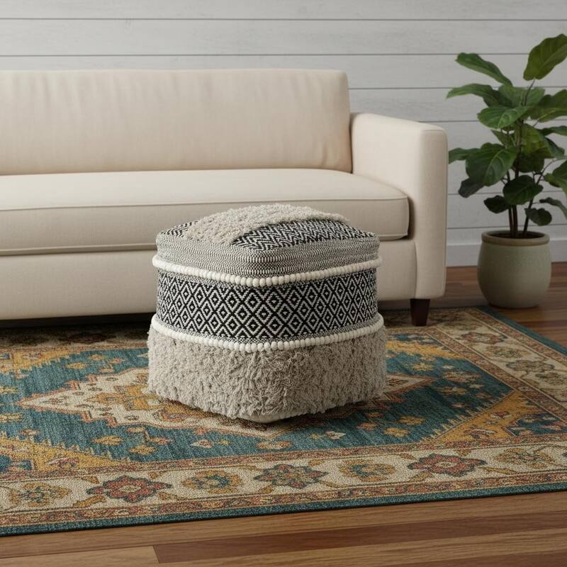 HomeRoots 16" Black Gray and White Cotton Geometric Pouf Ottoman