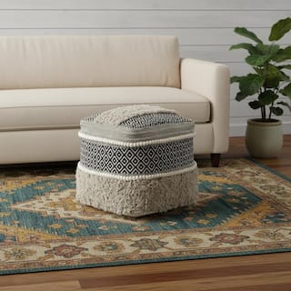 HomeRoots 16" Black Gray and White Cotton Geometric Pouf Ottoman