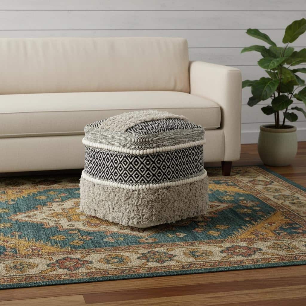 HomeRoots 16" Black Gray and White Cotton Geometric Pouf Ottoman