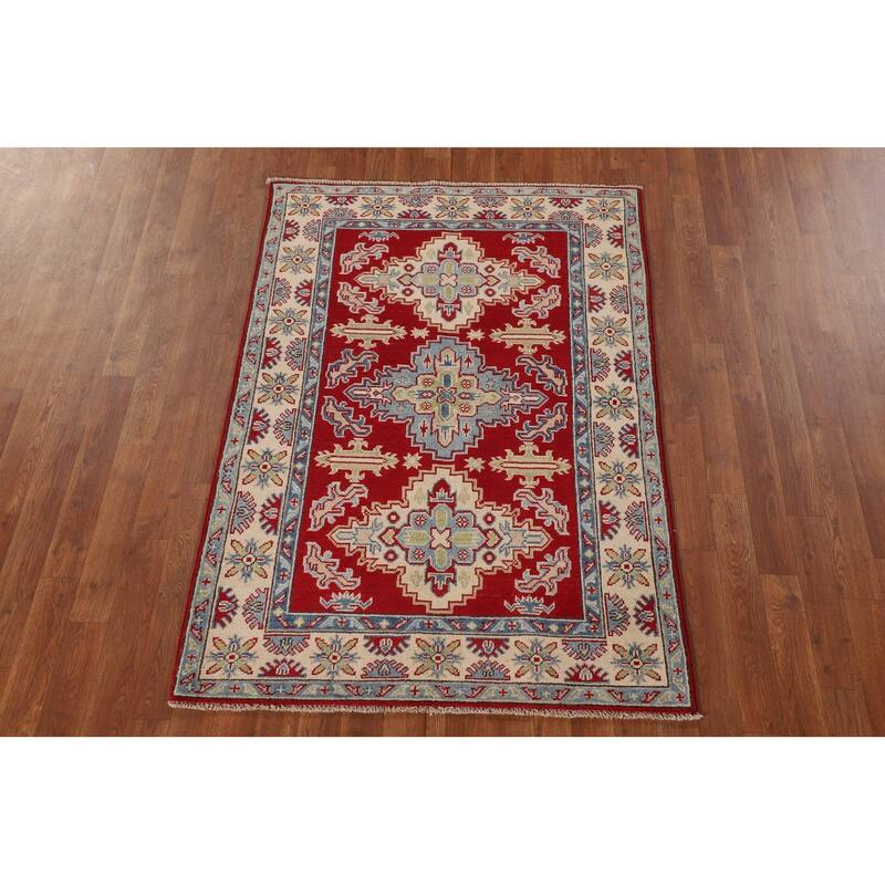 Traditional Red Kazak Rug Hand-Knotted Oriental Wool Carpet - 3'5"x 5'0"