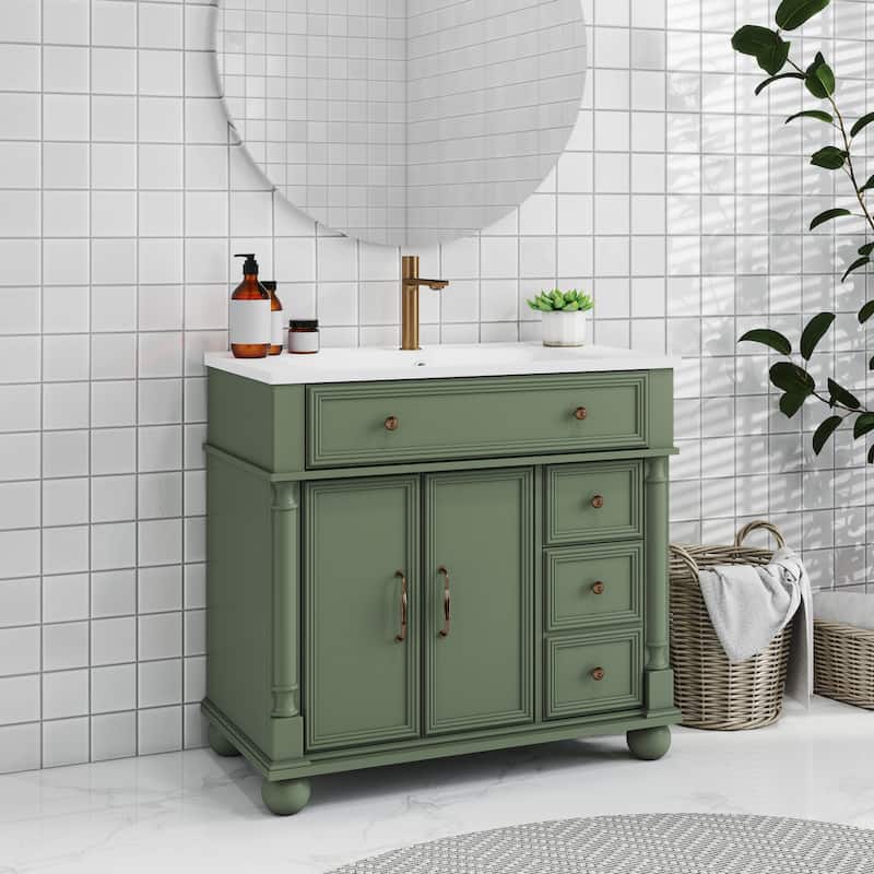 28"/36" Bathroom Vanity with Sink, Integrated Ceramic Basin Vanity Cabinet with Roman Column Base, Solid Wood Frame