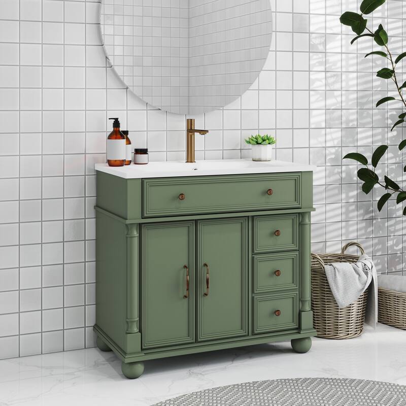 35.6-Inch Mid-Century Bathroom Vanity Sink with Roman Column Base, Farmhouse Freestanding Vanity Cabinet