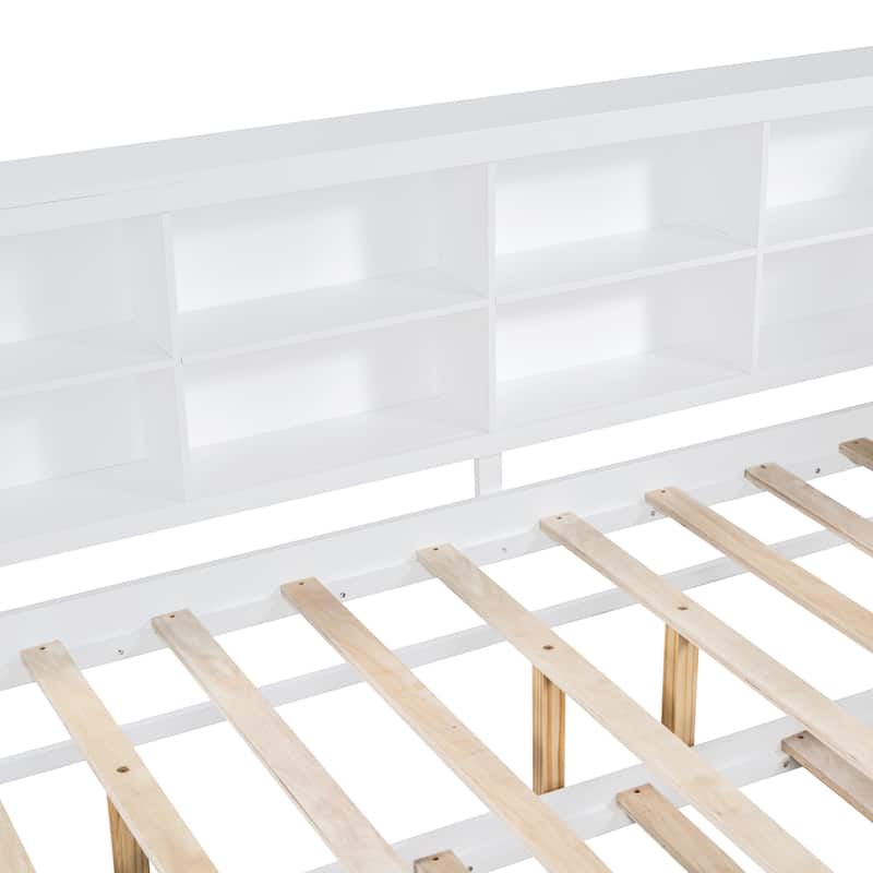 Wooden DayBed Sofa Bed Frame with L-Shape Storage Headboard, Platform Bed Pull-out Trundle Bed, USB Charging Ports