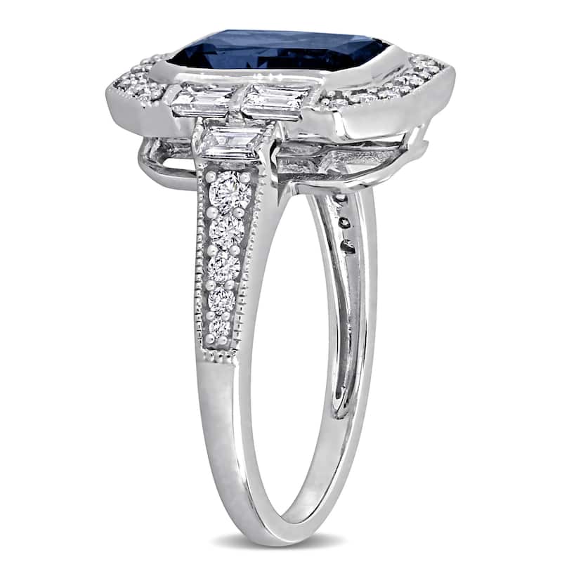 Miadora 3 2/5ct TGW Octagon-Cut Blue Sapphire 1ct TDW Diamond Halo Ring in 14k White Gold