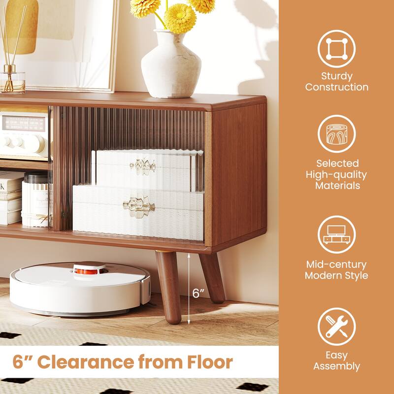 Modern TV Stand with Rattan and Glass Doors for Living Room Storage