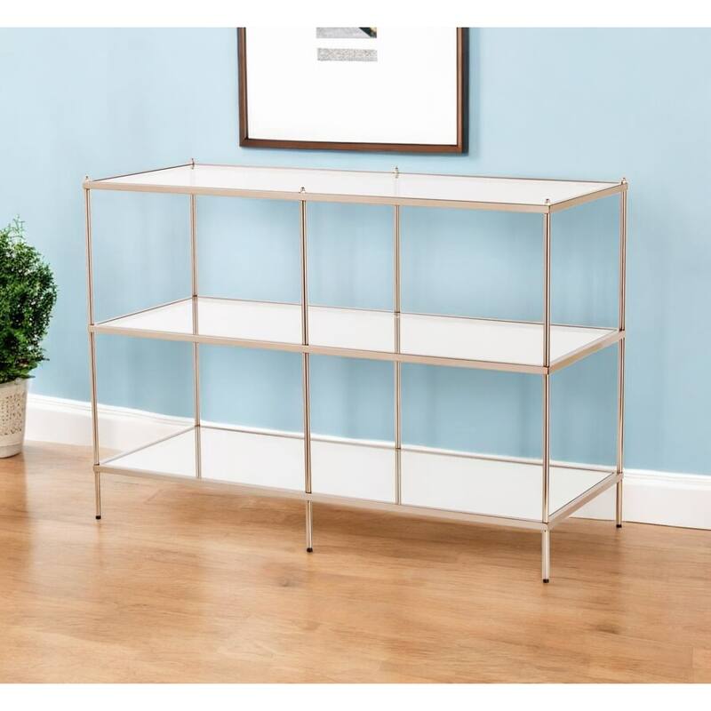 Metal Clear Glass Mirrored Console Table with Shelves - 42” L x 17.5” W x 29.5” H