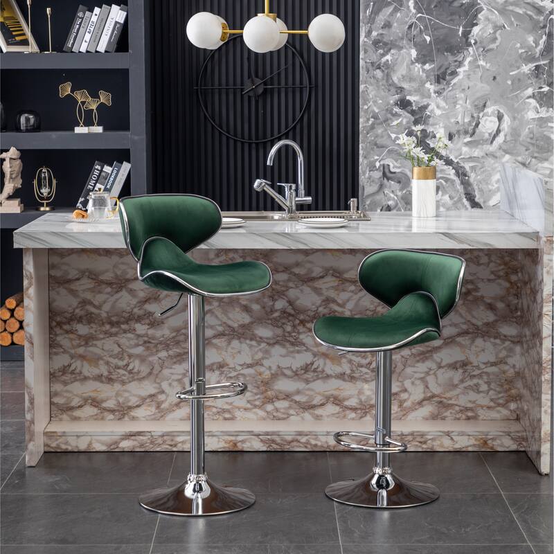Roundhill Furniture Masaccio Velvet Upholstered Adjustable Swivel Barstool, Set of 2 - Green