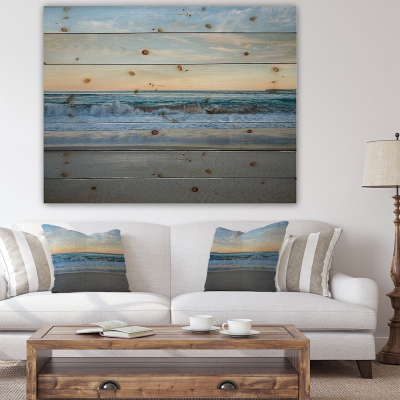 Designart 'Blue Splashing Scene Beach' Nautical & Coastal Wood Wall Art Décor - Natural Pine Wood