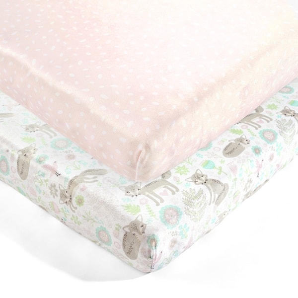 slide 2 of 9, Lush Decor Baby Pixie Fox Micro Mink Fitted Crib Sheet, 2 Pack - 52"x 28" x 9" Woodland - 52"x 28" x 9" - Pink