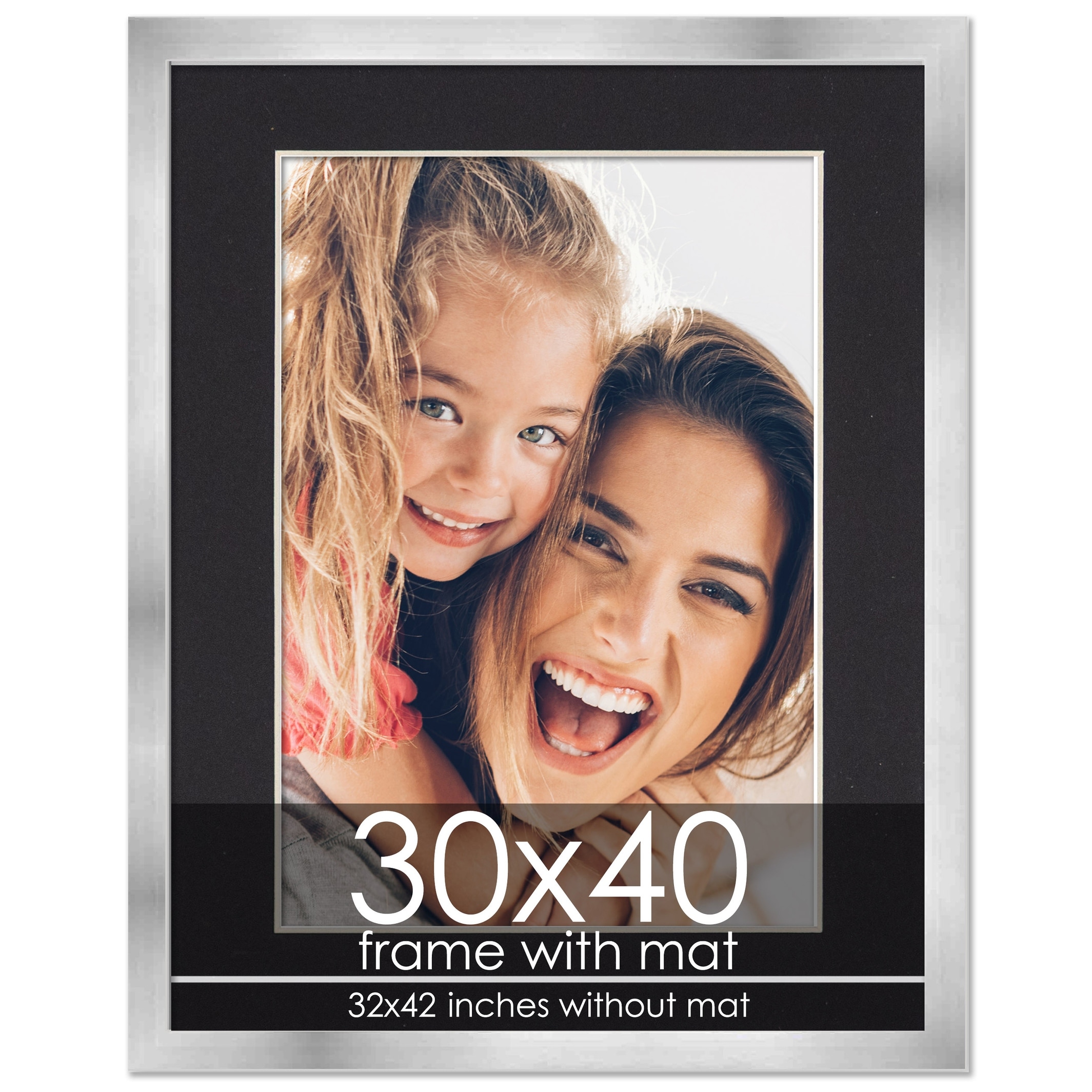 30x40 Frame with Mat - Silver 32x42 Frame Wood Made to Display Print or Poster Measuring 30 x 40 Inches with Black Photo Mat