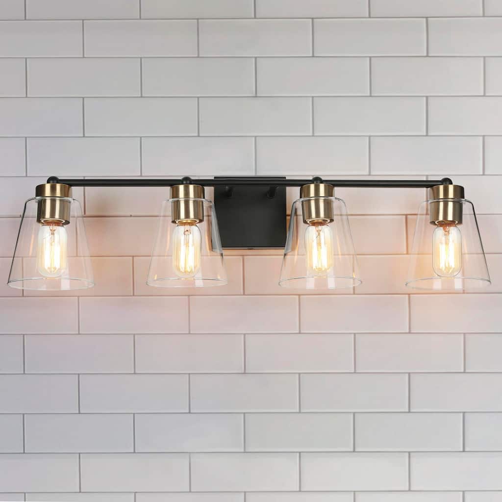 Airielle Black Gold 4-Lights Bathroom Vanity Lights Modern Farmhouse Wall Lamps with Cylinder Glass Shade