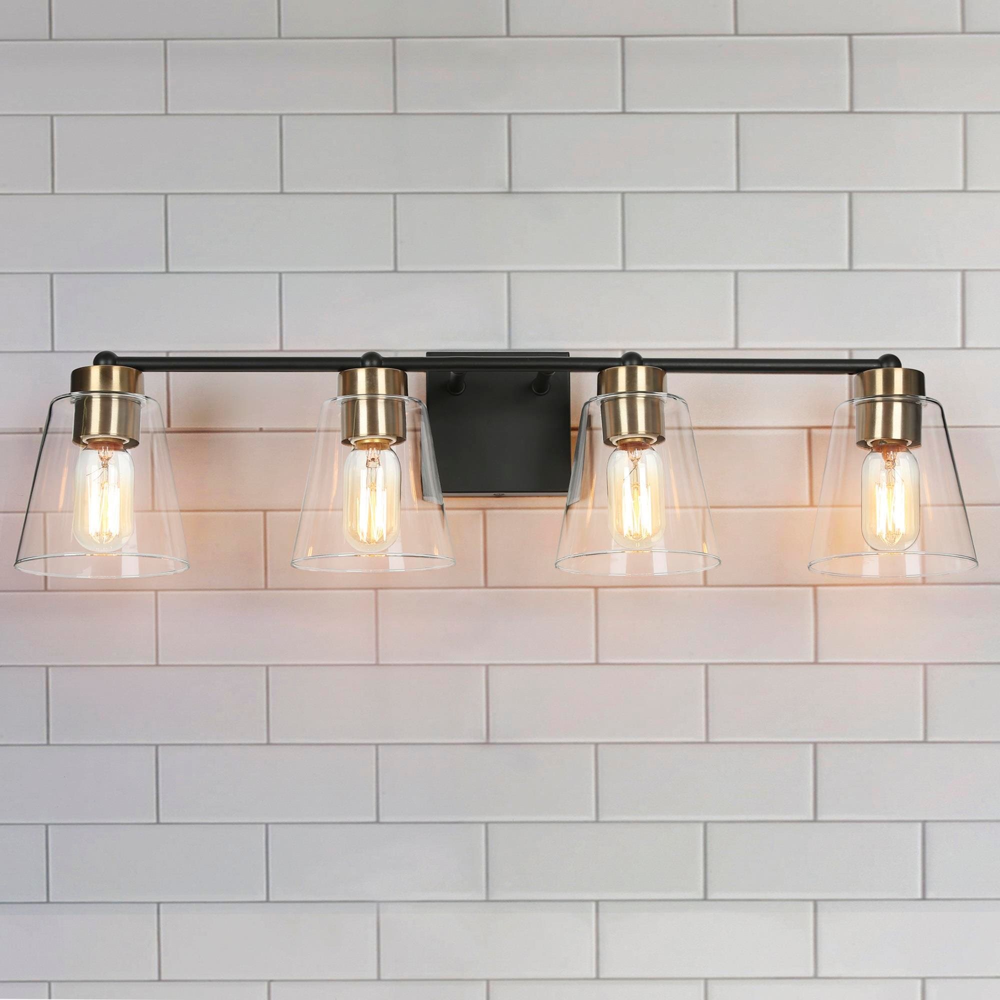 Airielle Black Gold 4-Lights Bathroom Vanity Lights Modern Farmhouse Wall Lamps with Cylinder Glass Shade