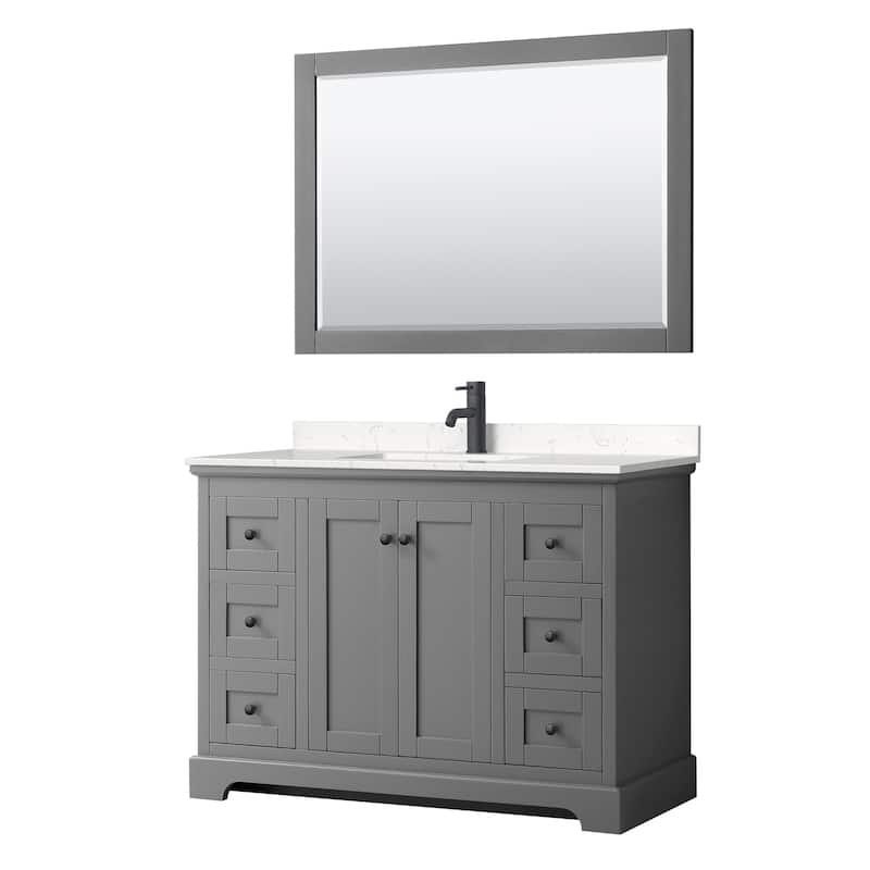 Avery 48 Inch Single Vanity, Cultured Marble Top, 46 Inch Mirror - Dark Gray, Black Trim, Carrara Cultured Marble Top