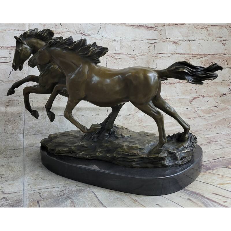 Galloping Pair Of Horses Bronze Statue Sculpture Decor Signed Zhang 10 Inches X 17 Inches