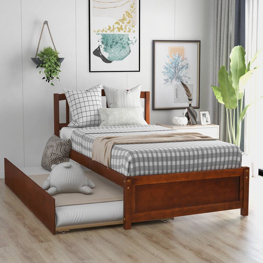 Twin Size Wood Platform Bed with Roll-Out Trundle, Sturdy Pine Frame and Slatted Support, Space,Saving Design