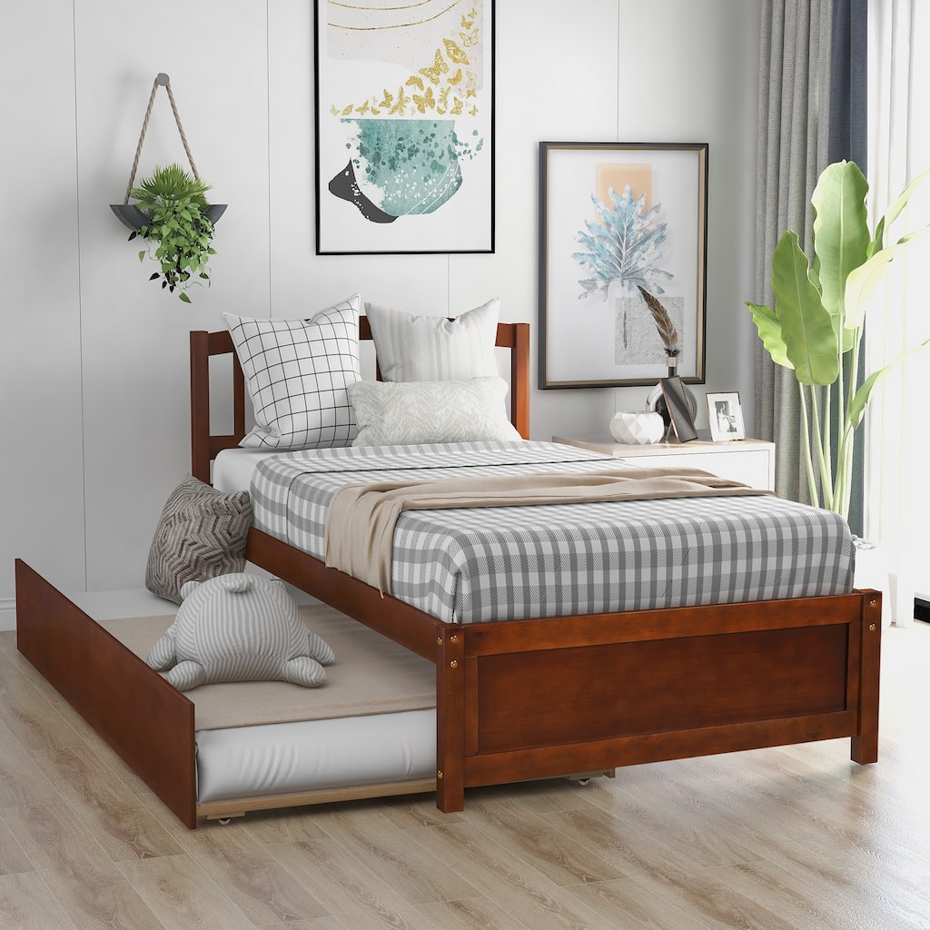Twin size Platform bed Wood bed Frame with Trundle, Walnut