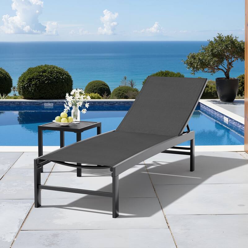 Outdoor Chaise Lounge Reclining Adjustable Chairs with Side Table Set - Black Single Chaise with Side Table
