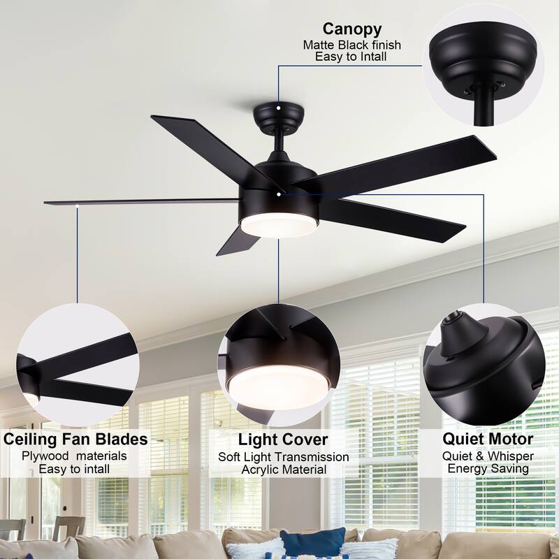 44 in. Indoor Matte Black Ceiling Fans with Dimmable Integrated LED Light and Remote Control