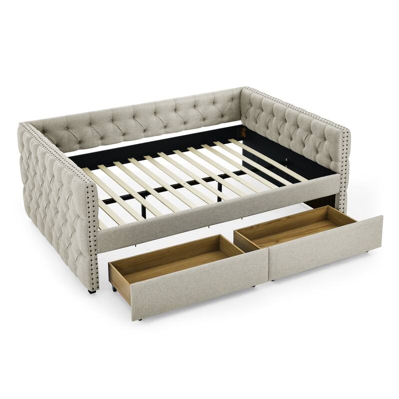 Full Size Daybed - Linen Upholstered Daybed with Storage,Button and Copper Nail
