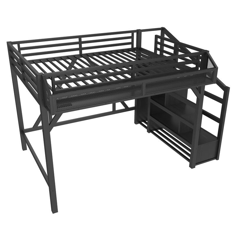 Queen/Full Metal Loft Bed with Storage Stairs, Wardrobe, USB Ports & LED Lights