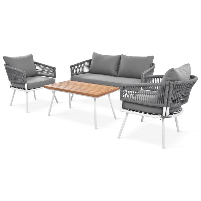 4-Piece Boho Sling Patio Conversation Set Outdoor Seating Set with Gray Cushions and Acacia Wood Coffee Table - Grey