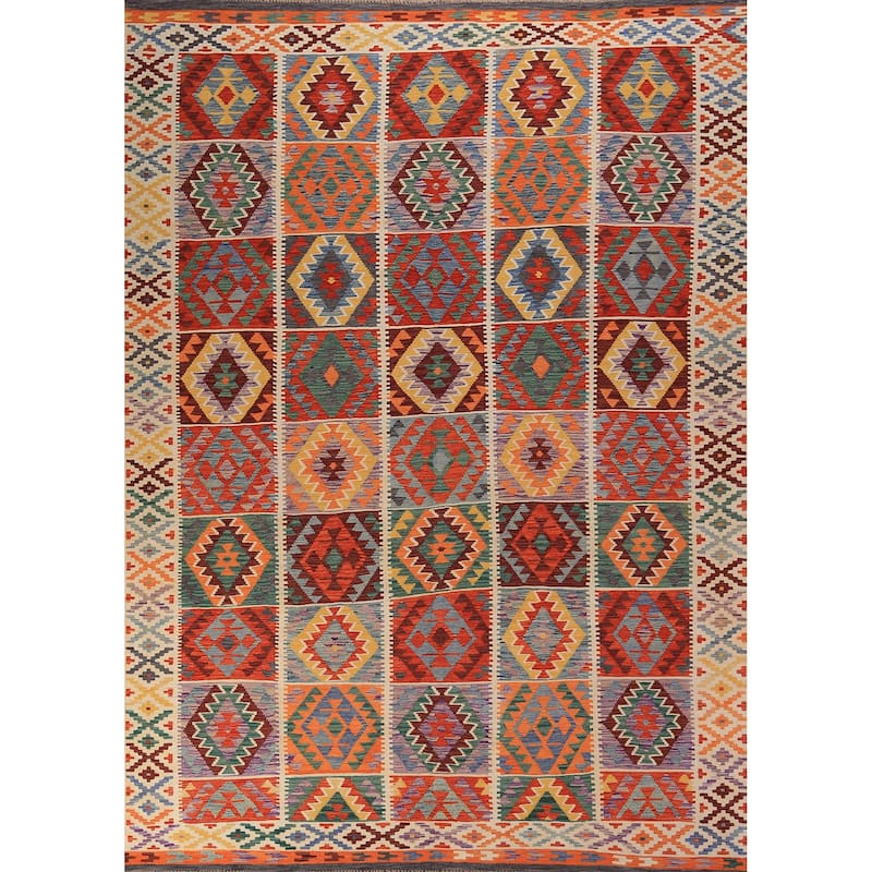 Colorful Geometric Kilim Oriental Area Rug Flatweave Wool Carpet - 8'5" x 11'9"