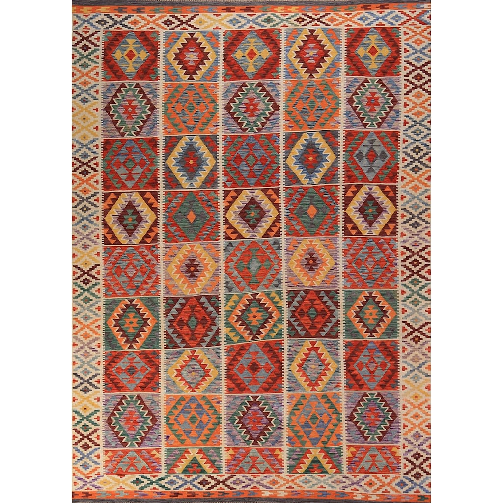 Colorful Geometric Kilim Oriental Area Rug Flatweave Wool Carpet - 8'5" x 11'9"
