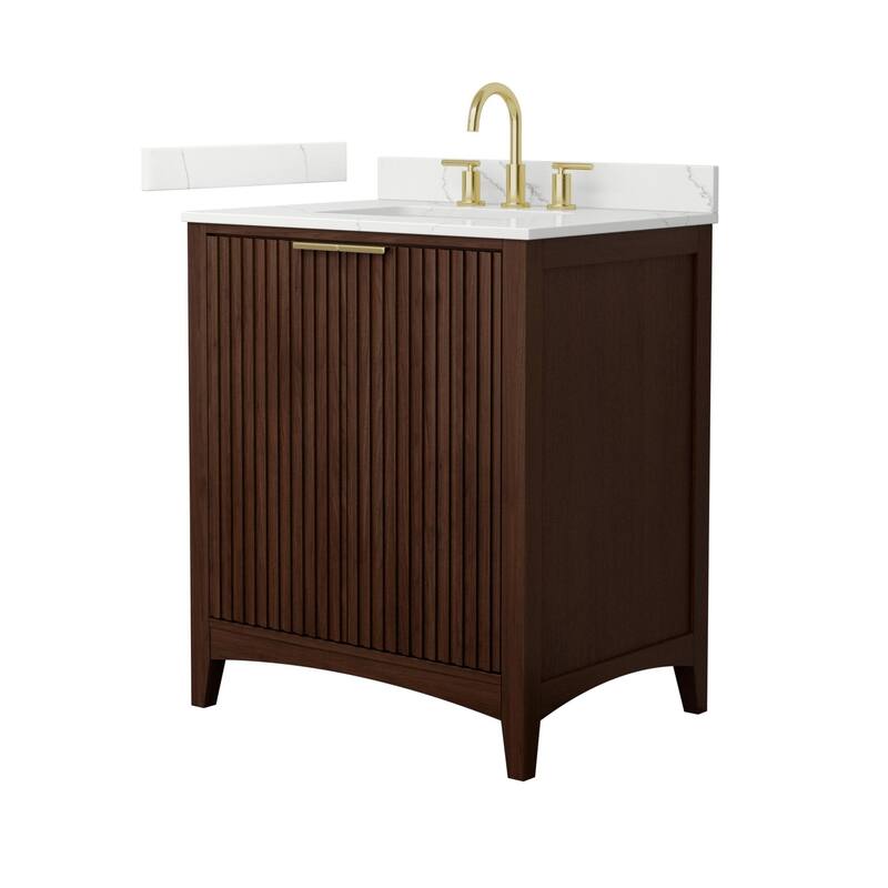 Wyndham Collection WCF9191-30S-QTZ-US3MXX Palmilla 30" Free Standing - Dark Walnut / Giotto Quartz Top / Brushed Gold