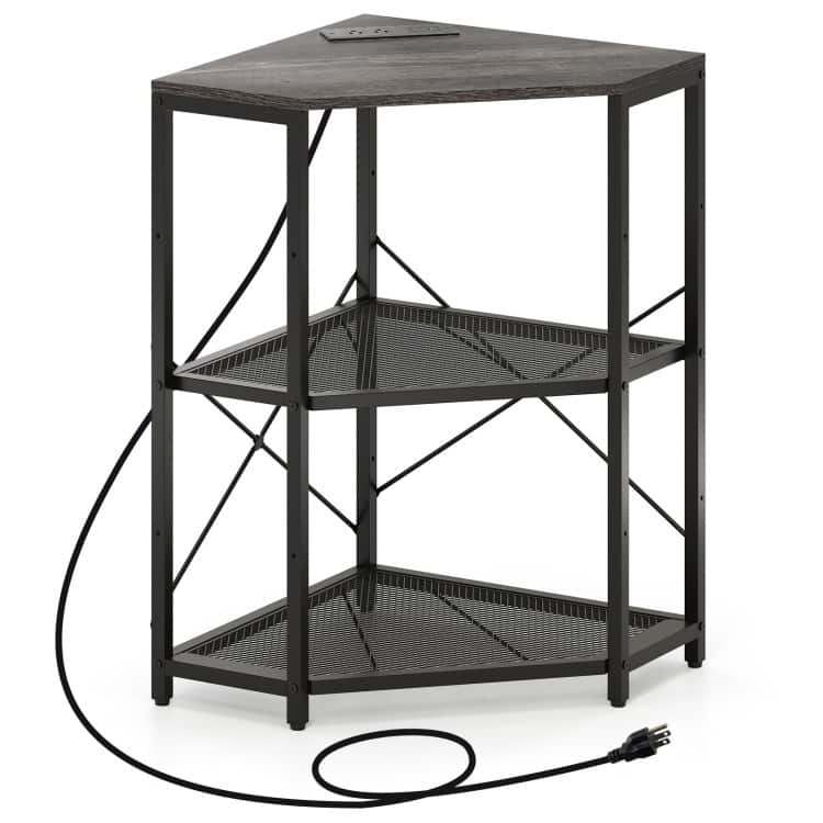Metal and Engineered Wood Corner Printer Table with Power Strip and Adjustable Shelves - 20" L x 20" W x 31" H - Black