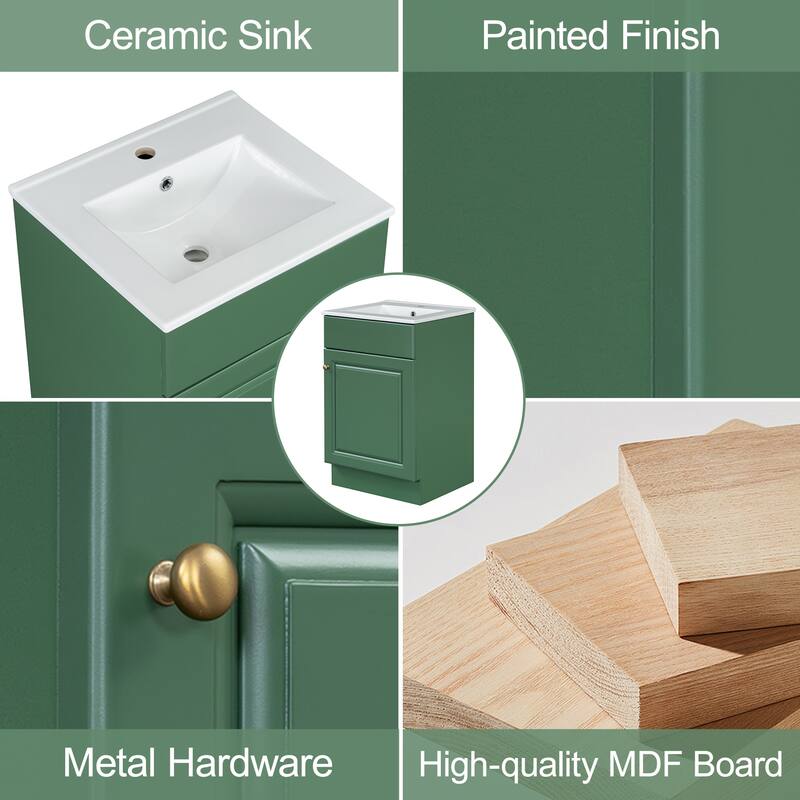 Green 20" Bathroom Vanity Cabinet with Sink, Soft Closing Door, Storage Shelf, and Adjustable Interior Shelf