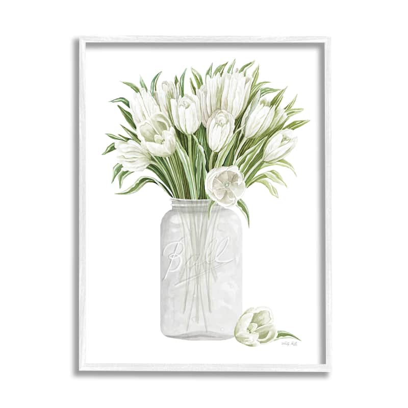 Stupell White Tulips Rustic Country Jar Falling Blooms Framed Wall Art, Design by Cindy Jacobs - Green - 16 x 20 - White