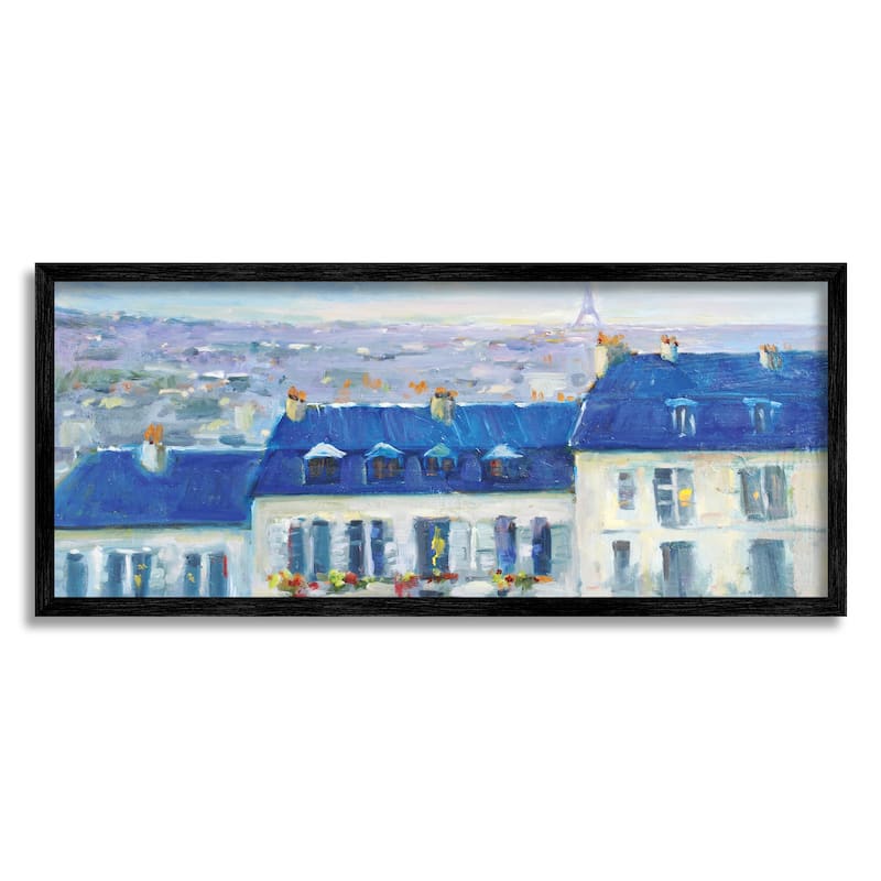 Stupell Vivid Blue Cityscape Buildings Flower Lined Houses Framed Wall Art, Design by JG Studios - 30 x 13 - Black