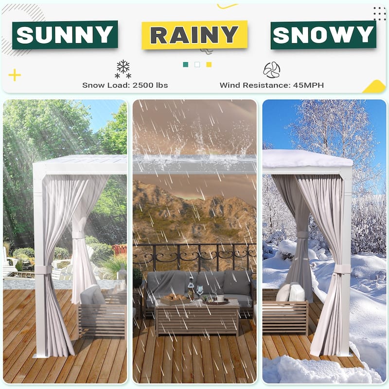 Outdoor Louvered Pergola, Outdoor Patio Hardtop Gazebo, Adjustable Metal Roof Curtains and Netting Included