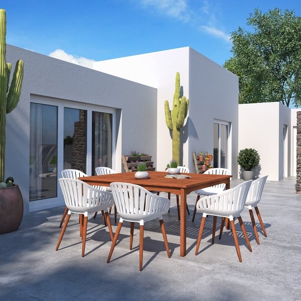 slide 2 of 13, Amazonia Medford 9-Piece Eucalyptus Wood Patio Dining set White Chairs and Wood Legs