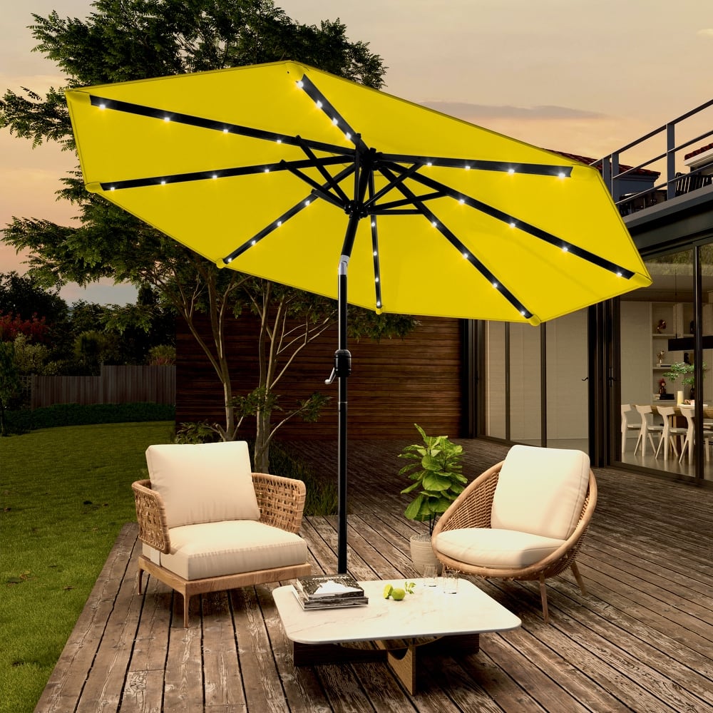 LIVOOSUN 9Ft Solar-powered Large Round Outdoor Patio Market Umbrella with Crank